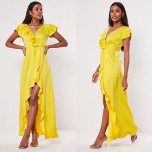 Yellow V Plunge Frill Maxi Dress